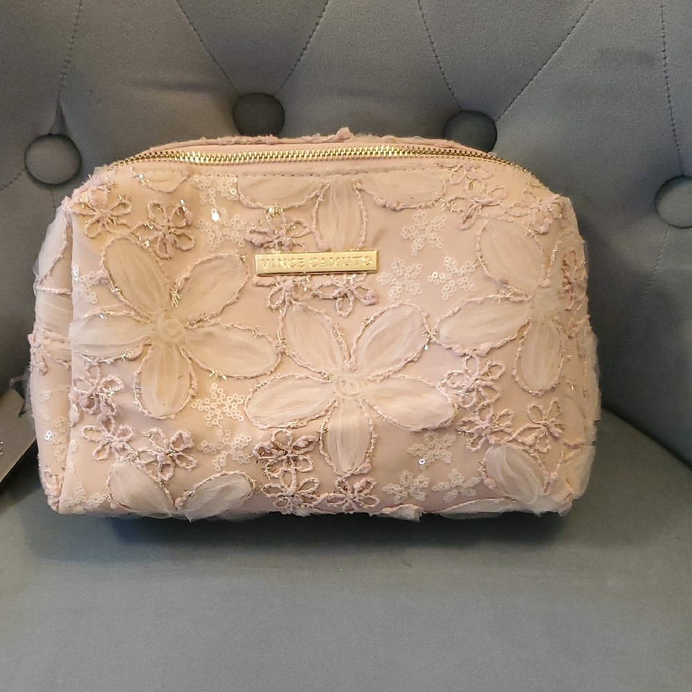 Vince Camuto Pink Floral Appliqué Cosmetic Pouch with Gold Hardware